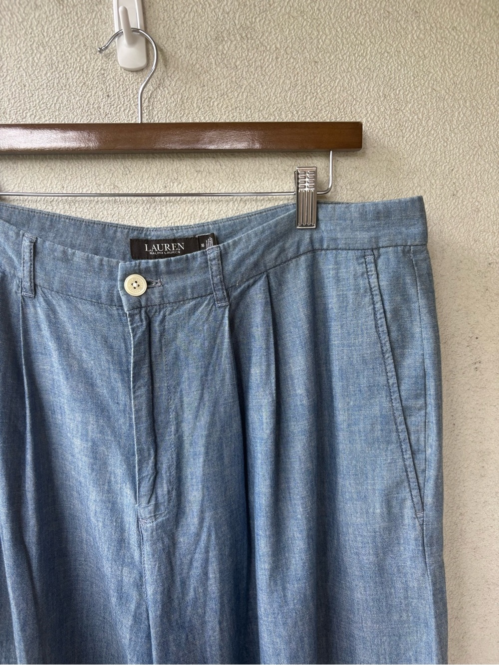 Lauren Ralph Lauren Chambray Pleated Wide Leg Pants 16 High Rise Cotton - Picture 4 of 13